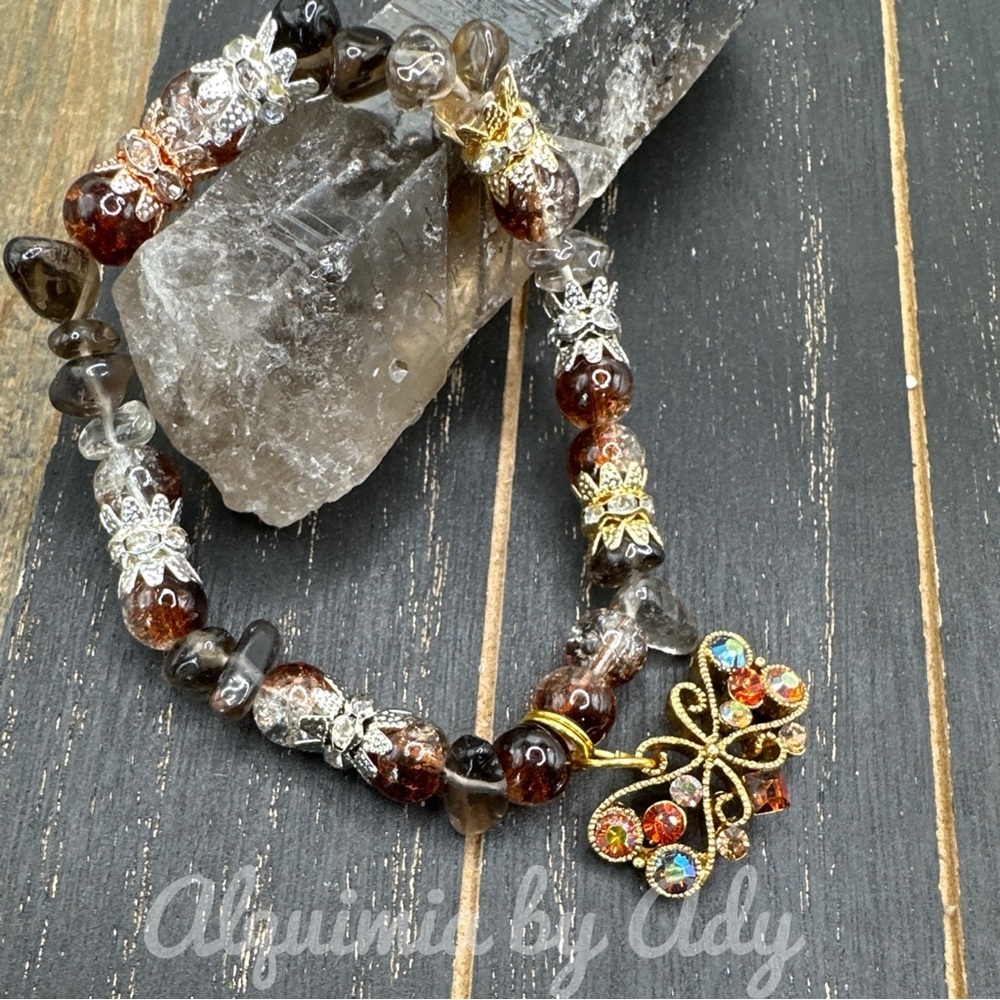 Gold & Smokey Quartz Bracelet — Neutral 8mm Beaded Stretch